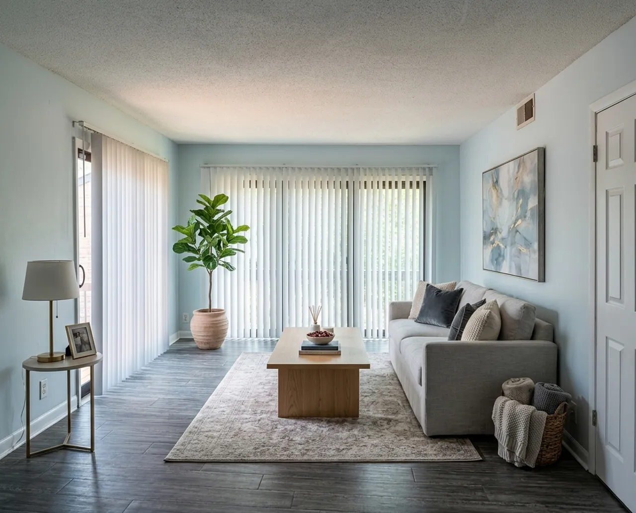 Two-bedroom living room with wood-look floors and patio doors